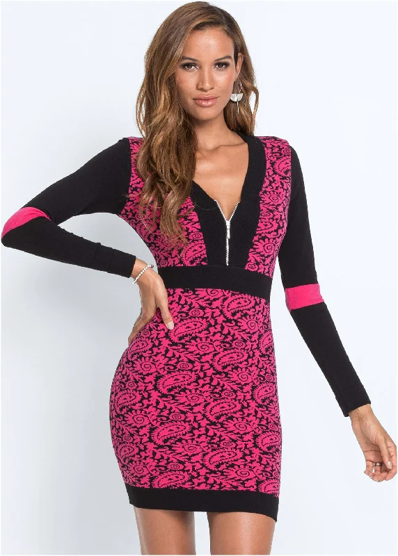 Zip detail sweater dress - Black & Pink