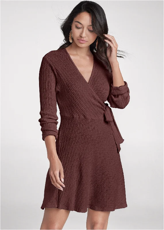 Ribbed tie-front A-line dress - Dark Brown