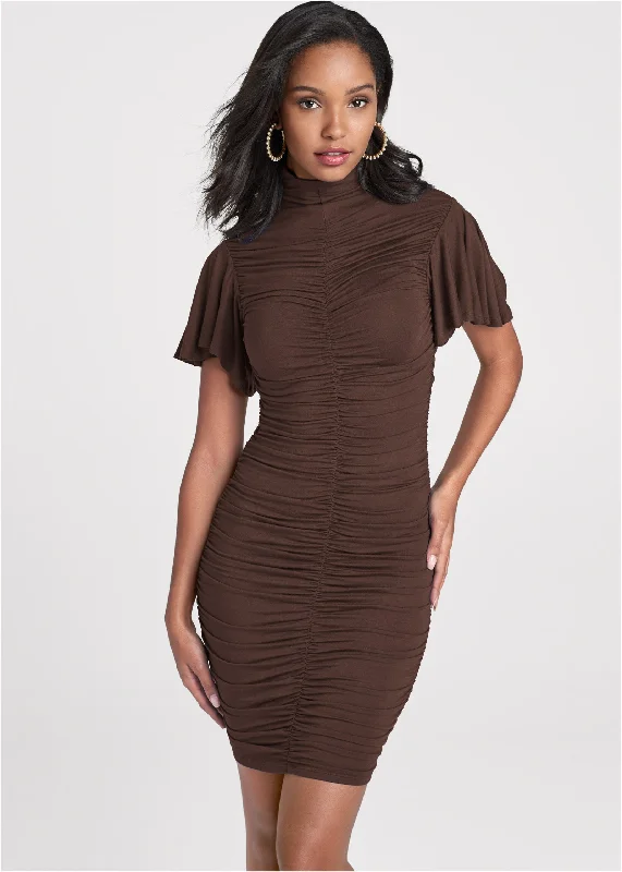 Ruched mock-neck dress - Dark Brown