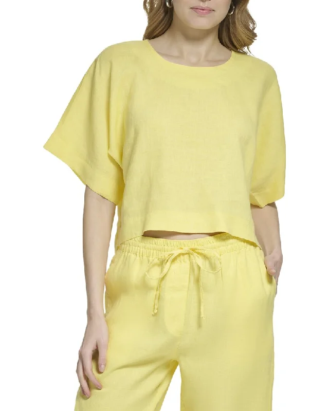 DKNY Drop Shoulder Linen Cropped T-Shirt