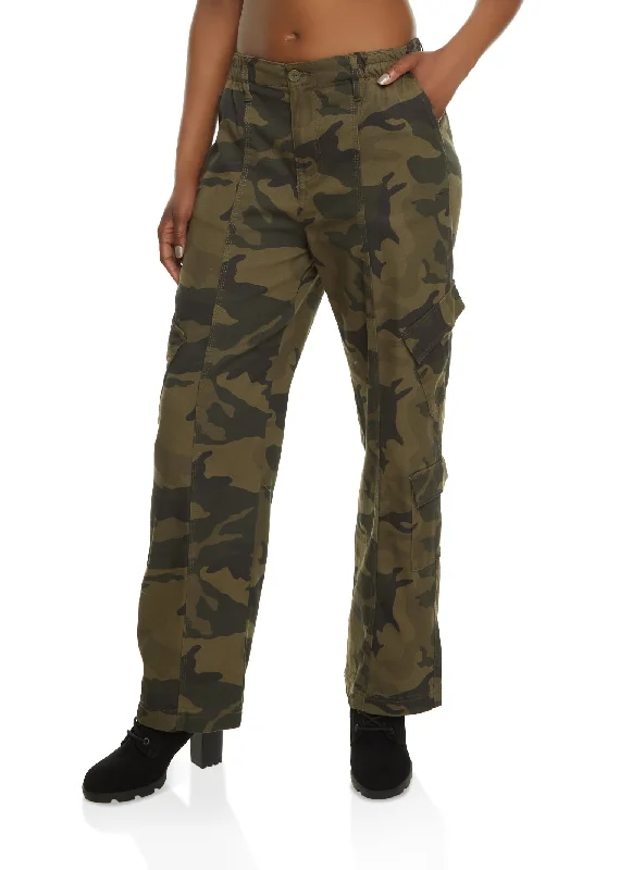 Twill Camo Wide Leg Cargo Pants