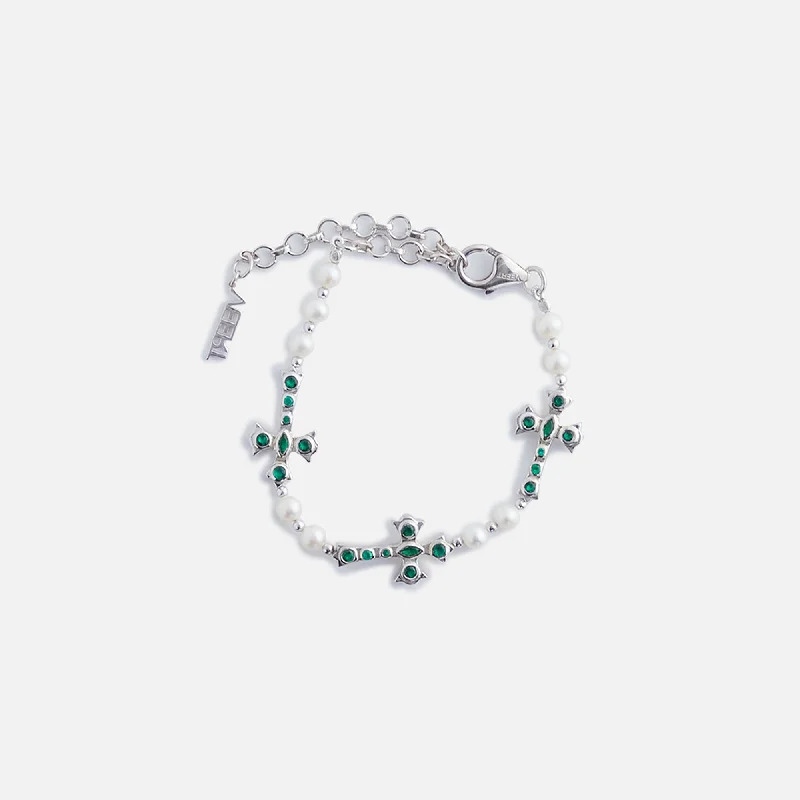 VEERT The Cross and Freshwater Pearl Bracelet - White Gold / Green