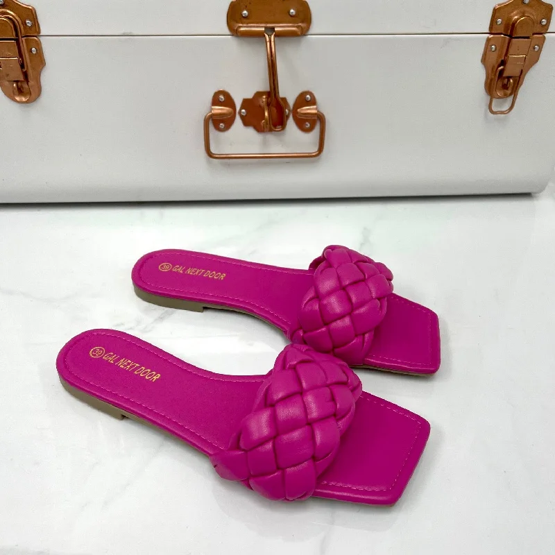 Kirby - Fuchsia Plaited Detail Square Toe Slip On Flat Sandals