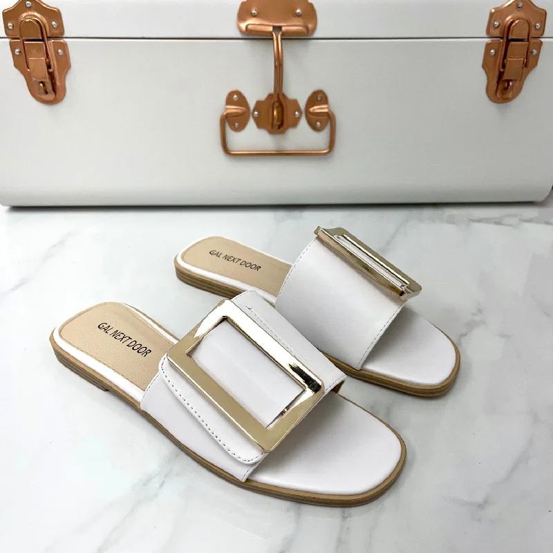 Meera - White Square Toe Gold Rectangle Detail Slip On Flat Sandal