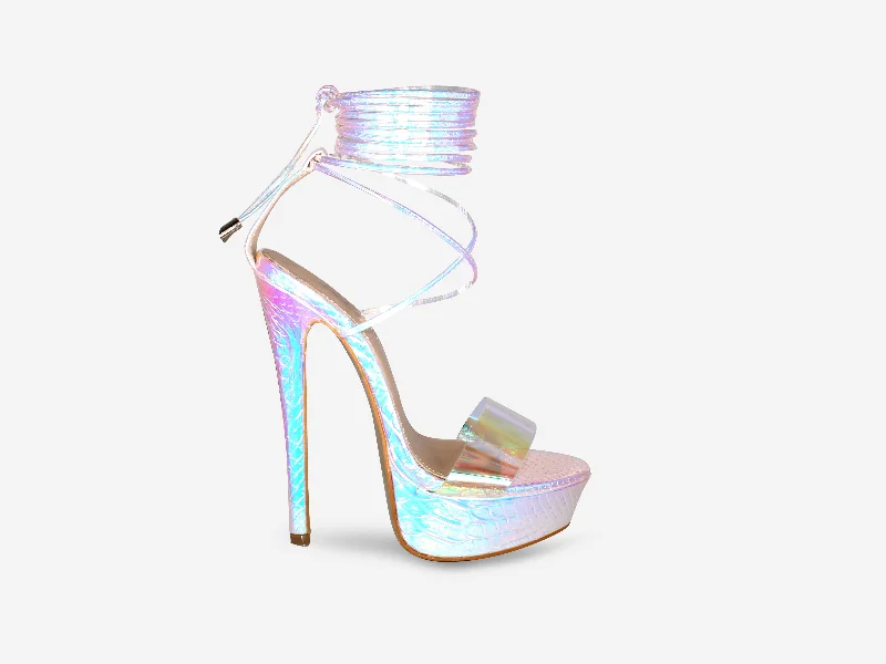 Tarsha - Iridescent Croc Print Tie Up Platform Heel