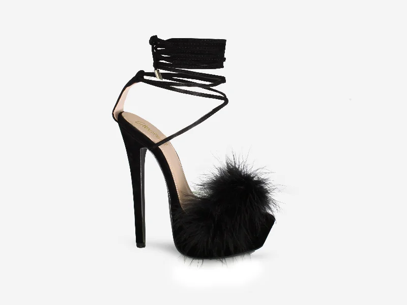 Veronica – Black Faux Suede Fluffy Tie Up Platform Heel