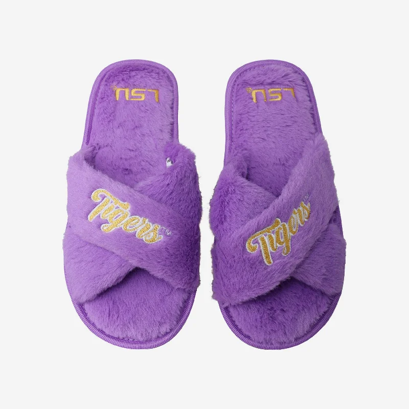 LSU Tigers Womens Script Wordmark Fur Cross Slide