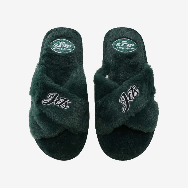 New York Jets Womens Script Wordmark Fur Cross Slide